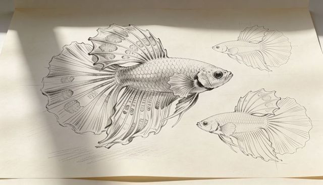 Graphite betta sketch on cream paper with dramatic window light and fine pencil detail