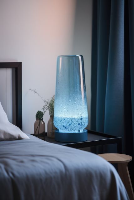 Modern bedroom featuring sleek bedside lamp with soft blue light next to comfortable bed. Ideal for articles or blog posts on contemporary home decor, interior design inspiration, and cozy living spaces.