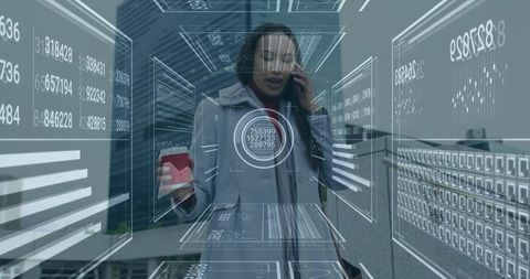 Businesswoman in Augmented Reality Interface Visualizing Data on Rooftop