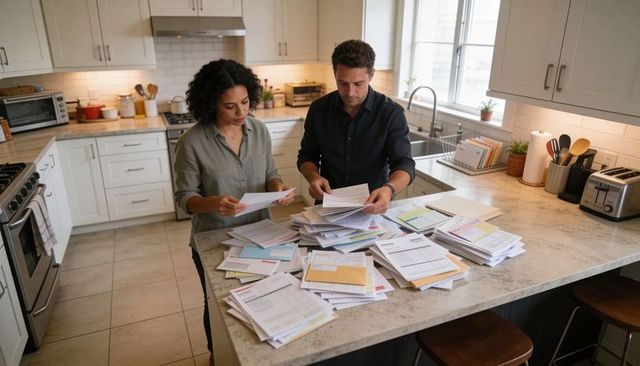 Couple organizing bills on kitchen island, sorting mail and managing finances