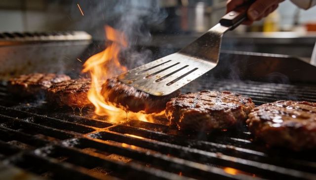 Flame-kissed beef burgers grilling on commercial grill with sizzling spatula action