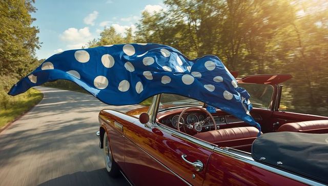 Red vintage convertible driving with blue polka-dot scarf streaming on sunlit country road
