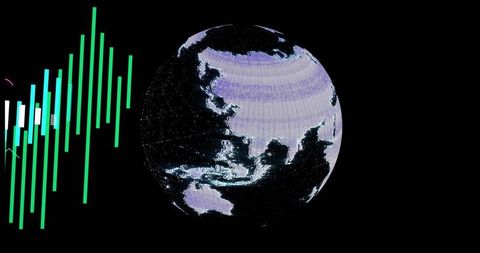 Rotating digital globe showing pixel map, glowing network nodes and neon data bars