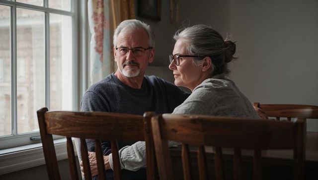 Senior couple sharing quiet morning by window, embracing and reflecting