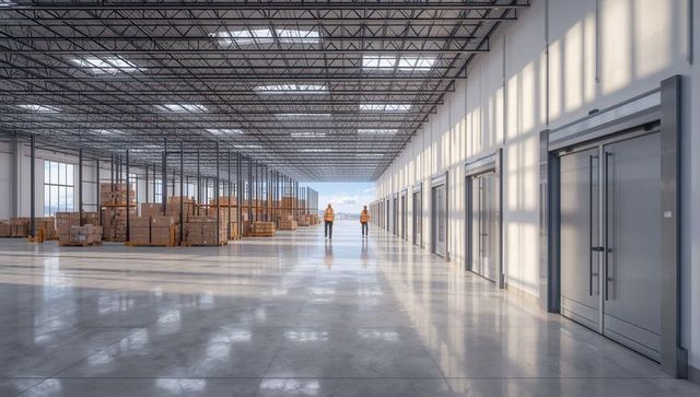 Walk in Modern Warehouse Interior with Skylights and Safety Gear