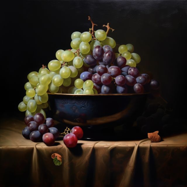 Close up of white and red grapes in bowl on black background, created using generative ai technology. Grapes, fruit and still life concept digitally generated image.