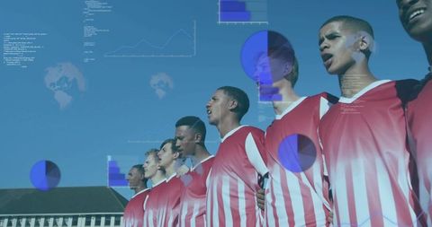 Singing soccer team demonstrating unity in red-white jerseys with analytics overlay