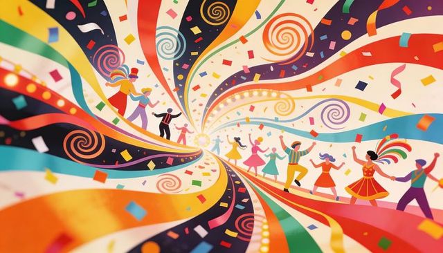Kaleidoscopic festival vortex with dancing performers, swirling ribbons and confetti