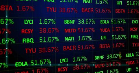 Electronic Stock Market Ticker Showing Neon Green and Red Percentages with Trendline
