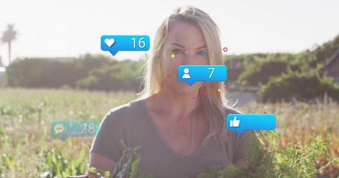 Woman on Farm with Social Media Engagement Notifications