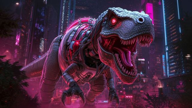 Bionic T-Rex Walks Through Neon-Lit Cyberpunk Cityscape Night