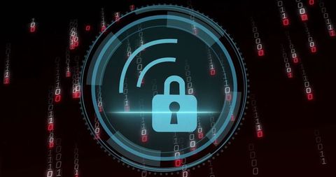 Futuristic padlock interface with falling binary code