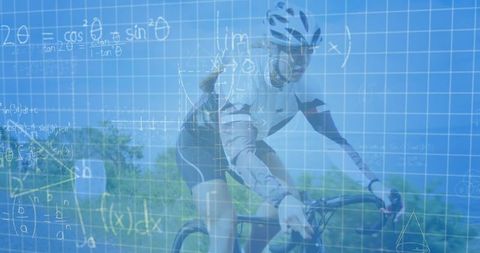 Cyclist and Mathematical Formulas Overlay Showcasing Futuristic Innovation