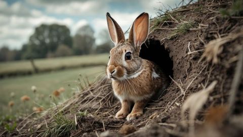 Curious brown cottontail rabbit emerging from burrow in lush landscape