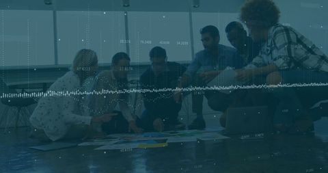 Innovative team brainstorming with digital data visualization