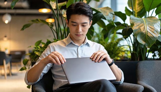 Young asian professional opening laptop in green coworking lounge for remote work