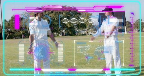 Cricket players using augmented reality hud analyzing tactics on field with hologram