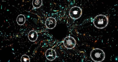 Swirling Vortex with Glowing Data Streams and Tech Education Icons