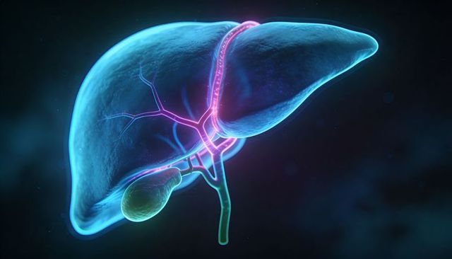 Highlighting neon translucent liver anatomy with glowing portal veins and gallbladder 3D render