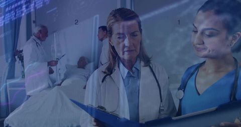 Senior Doctor and Nurse Reviewing Patient Chart at Bedside with Digital Health Data Overlay