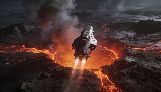 Descending starship hovering above molten lava crater, thrusters emitting exhaust plumes