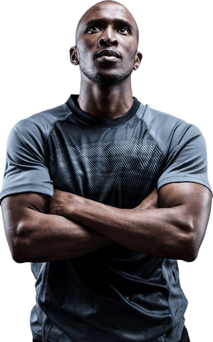 Thoughtful Rugby Player with Arms Crossed Transparent Background