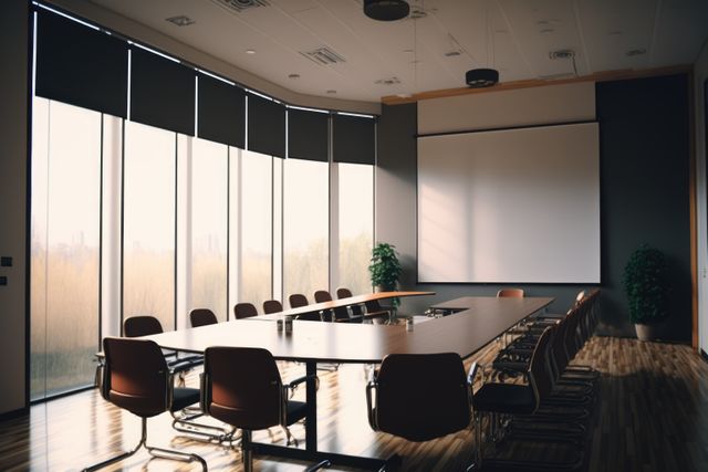 Modern corporate boardroom features large windows letting in sunlight, sleek design, and roomy seating for meetings and conferences. Ideal for business presentations, professional settings, executive discussions, and showcasing contemporary office space.