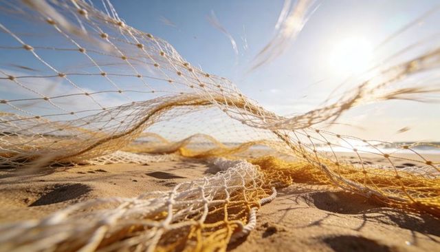 Sunlit fishing net draping over sandy shore with yellow floats at sunset