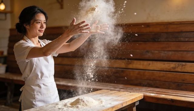 Asian baker tossing flour over dough in rustic artisan bakery