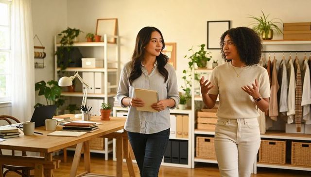 Female colleagues walking and discussing ideas while holding notebook in creative studio