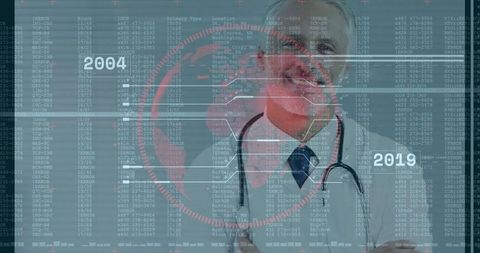 Doctor analyzing digital medical data with timeline and interface