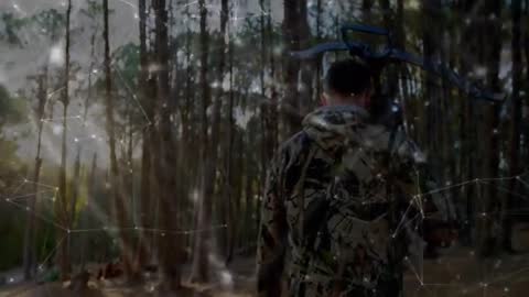 Hunter with Crossbow in Forest and Digital Network Overlay