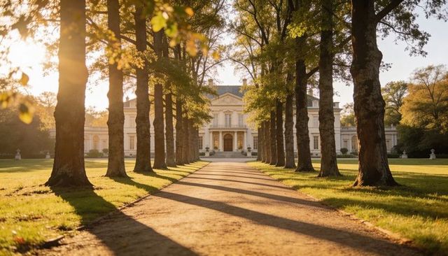 Sunlit tree-lined avenue leading to neoclassical mansion with portico and symmetrical lawn