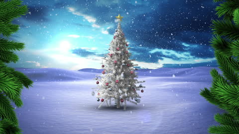 Festive Animated White Christmas Tree in Snowy Winter Scene
