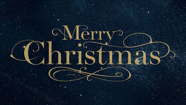 Golden Merry Christmas Calligraphy with Ornate Swashes on Starry Navy Backdrop