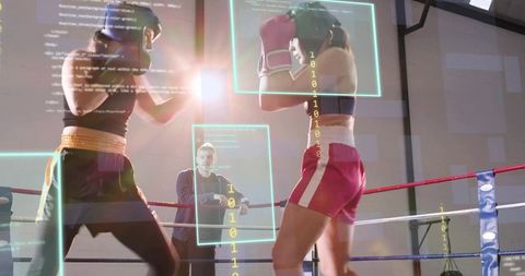 Sparring boxers wearing headgear with augmented reality training overlays