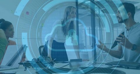 Leading woman guiding team in cloud security strategy meeting with drone and laptops