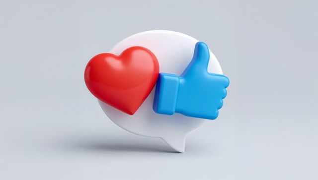 Minimal speech bubble featuring red heart and blue thumbs up 3d social media like icons