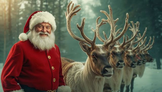 Smiling Santa with Reindeer in Snowy Forest