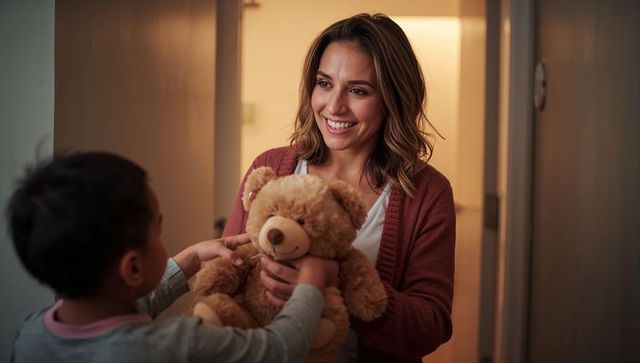 Smiling mother handing teddy bear to child at home doorway, warm heartfelt family moment