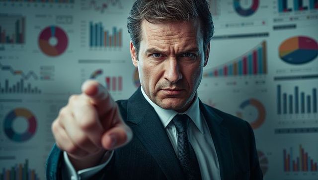 Serious Businessman Pointing Amid Analytics Charts