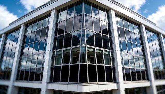 Glass office corner reflecting blue sky and clouds with white mullions