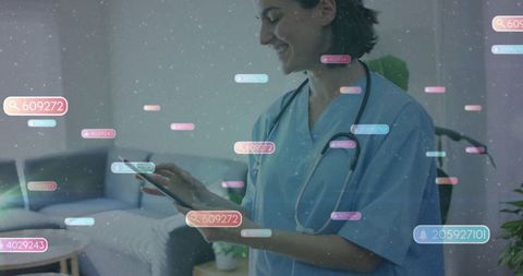 Smiling Nurse Using Tablet with Digital Data in Modern Home Setting