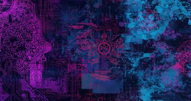 Abstract Neon Circuitry with Glitches in Pink and Blue