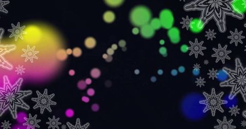 Glowing multicolor bokeh trail with neon gradient orbs and decorative white star outlines