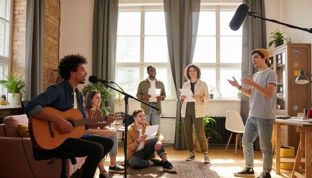 Young musicians rehearsing acoustic set in sunlit loft with guitar and boom mic