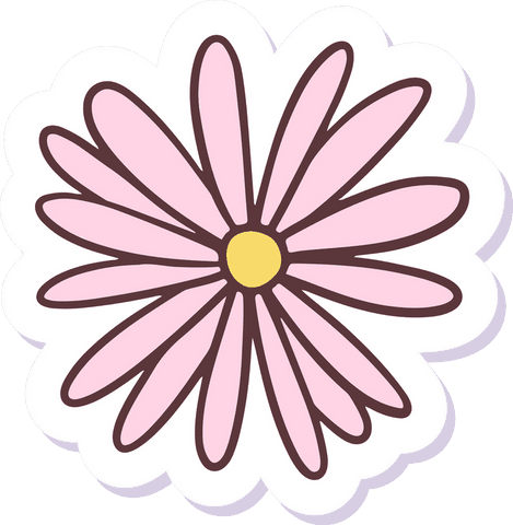 Transparent pink daisy sticker with white edge and lavender shadow