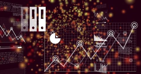 Displaying data visualization dashboard with neon bokeh, rising analytics graph markers