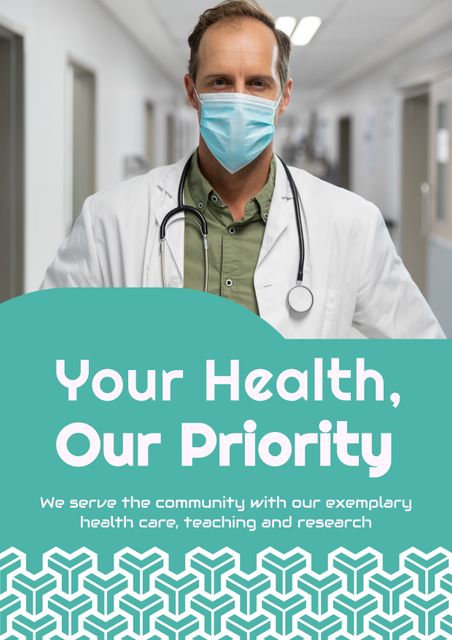 Doctor wearing a medical mask standing in hospital corridor, emphasizing trust and health services. Ideal for promoting healthcare facilities, community health programs, safety announcements, and medical education resources.