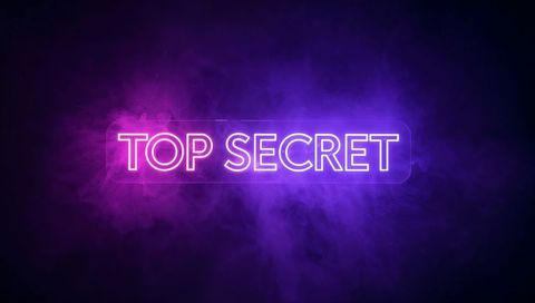 Glowing neon top secret sign casting magenta-violet halo over smoky translucent panel